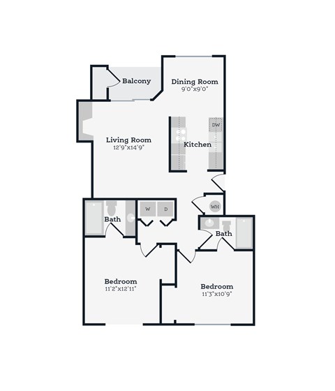 A floor plan of a house with a balcony, two bathrooms, two bedrooms, a living room, a dining room, and a kitchen.